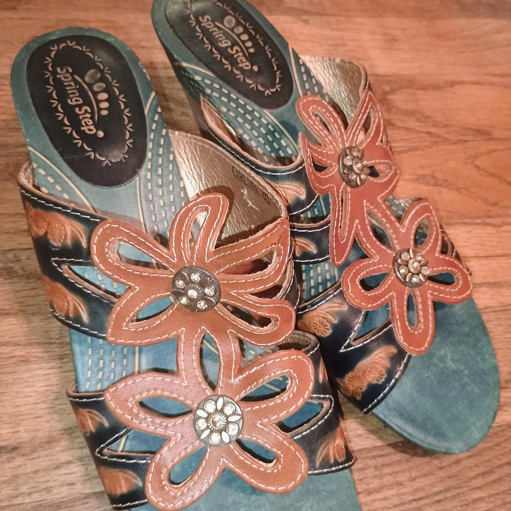 Spring Step Women's Floral Mules - Blue and Brown